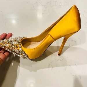 Yellow Rhinestone and Pearl pumps